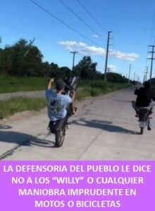LA DEFENSORIA DEL PUEBLO LE DICE NO A LOS “WILLY” O CUALQUIER MANIOBRA IMPRUDENTE EN MOTOS O BICICLETAS