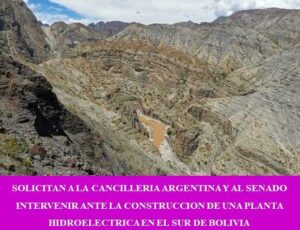 SOLICITAN A LA CANCILLERIA ARGENTINA Y AL SENADO INTERVENIR ANTE LA CONSTRUCCION DE UNA PLANTA HIDROELECTRICA EN EL SUR DE BOLIVIA