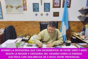 AFIRMO LA DEFENSORIA QUE CON INCREMENTOS DE ENTRE 500% Y 600% SEGÚN LA REGION Y CATEGORIA DEL USUARIO SUBIO LA ENERGIA ELECTRICA CON UNA BRECHA DE 6 VECES ENTRE PROVINCIAS