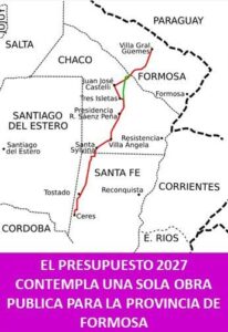 EL PRESUPUESTO 2027 CONTEMPLA UNA SOLA OBRA PUBLICA PARA LA PROVINCIA DE FORMOSA