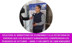SOLICITAN AL MINISTERIO DE ECONOMIA Y A LA SECRETARIA DE ENERGIA QUE LOS BLOQUES SUBSIDIADOS COMPRENDAN LOS PERIODOS DE OCTUBRE – ABRIL Y UN LIMITE DE 1000 KWH/MES