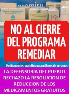 LA DEFENSORIA DEL PUEBLO RECHAZO LA RESOLUCION DE REDUCCION DE LOS MEDICAMENTOS GRATUITOS